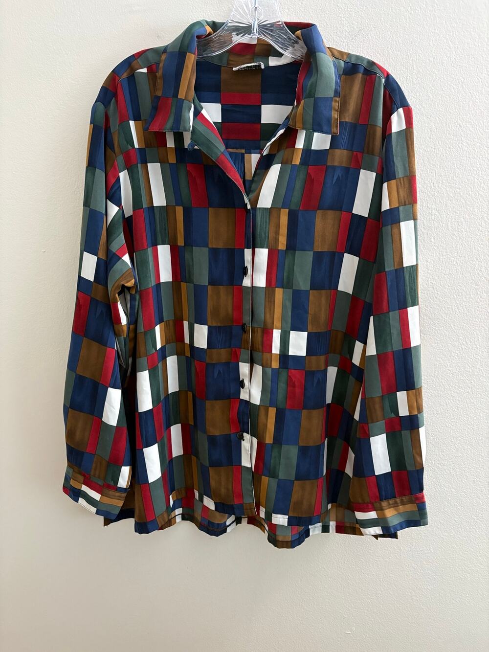 Vintage BonWorth Geometric Color Block Button Down Shirt Blouse Silky Top XL